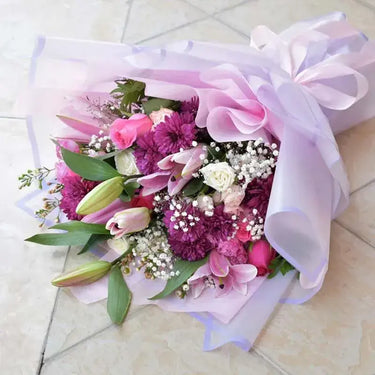 Beauty of Mixed Flowers, Pink Oriental Lilies, Pink Roses, Dark Pink Roses, White Spray Roses
